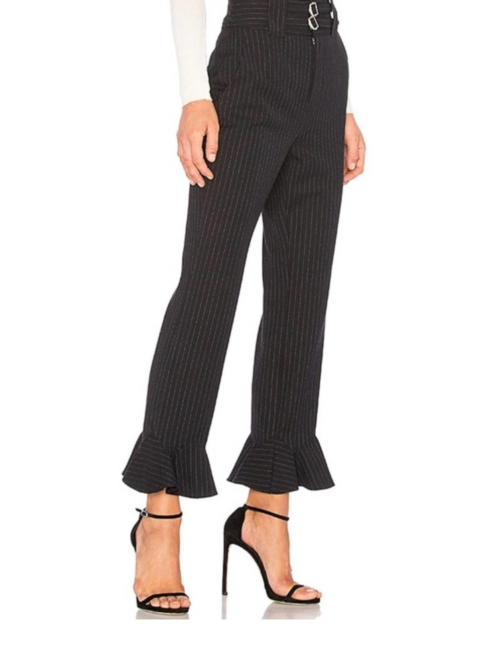 Rebecca Taylor Black Pinstripe
Ruffle Hem Wool Trousers Double
Buckle Waist 12 - Picture 3 of 8